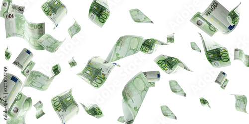 Euro money background. Banknote falling isolated textures on white background.