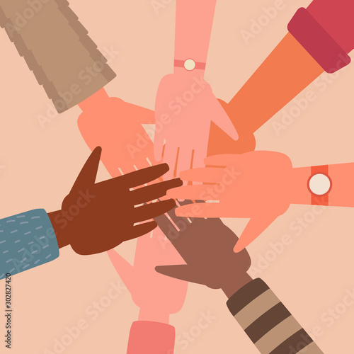 Diversity of young people putting hands together in circle shape, unity teamwork, community, cooperation, and partnership support concept. flat cartoon vector illustration