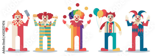 Set of clowns smiley, creepy, spooky, horror faces with different hair color and clothes with hat, balloons, knife, wooden club, juggling balls Halloween theme. cartoon flat vector illustration