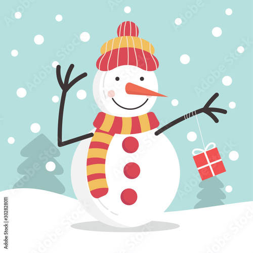 Snowman on the snowfall background with hat, scarf and present, Merry Christmas. cartoon character flat vector illustration
