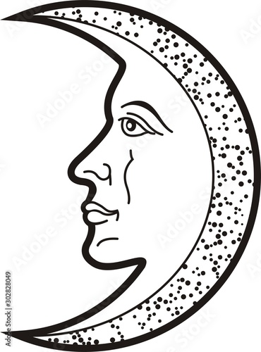 Moon with face. Heraldic sybol and tattoo.Black white silhouette.