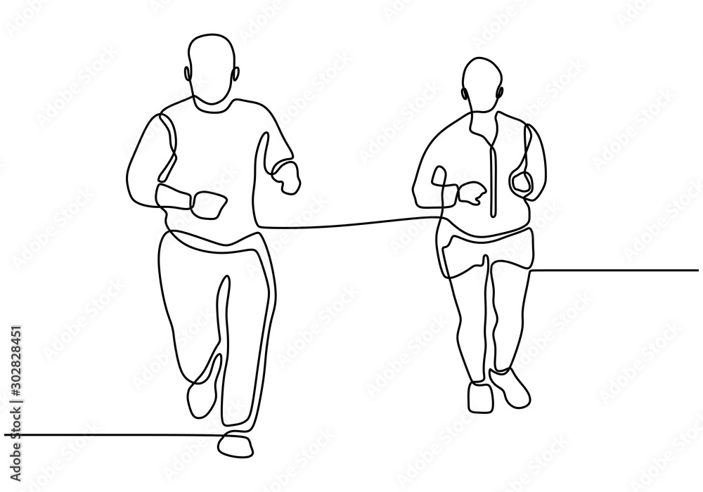 Continuous one line drawing of two man running. People run on sport