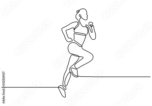 Continuous one line drawing of woman running or jogging. Girl doing exercise sport for healthy lifestyle.
