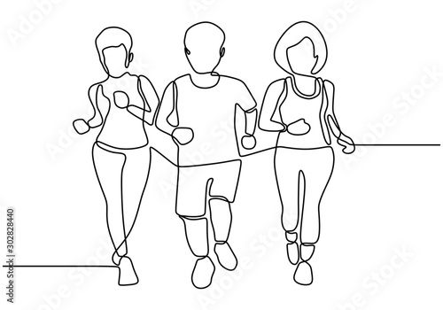 Continuous one line drawing of two girl and a man jogging. People running for healthy and body fit vector illustration simple single hand drawn.