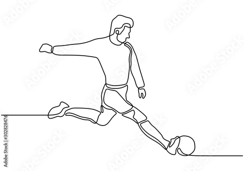 Continuous one line drawing of a man shoot a ball. Football player concept hand drawn simplicity design vector illustration.