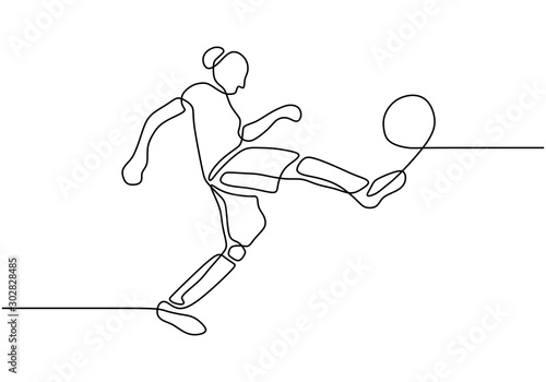Continuous one line drawing of woman or girl football player. Minimalism design hand drawn simplicity sport theme.