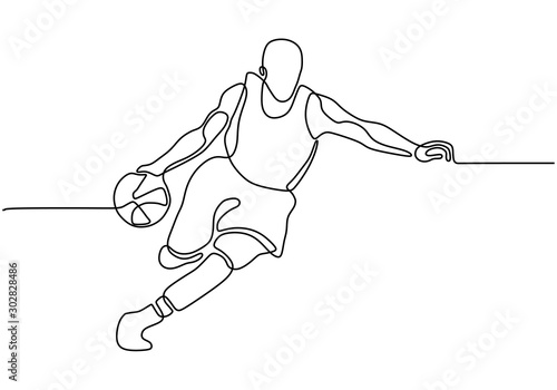 Continuous one line drawing of basketball player dribbling and holding the ball. Athlete running simplicity minimalism design.