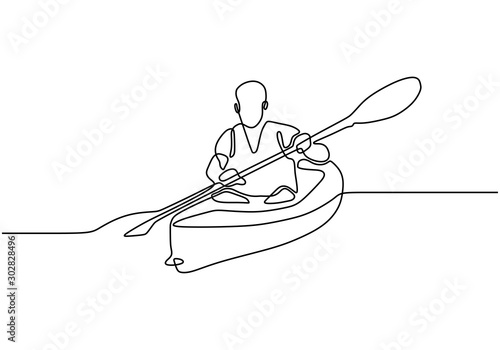 Continuous one line drawing of Canoe sport athlete minimalism design. Vector person on oar boat on the sea.