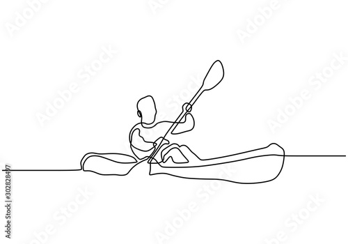 Continuous one line drawing of Canoe sport athlete minimalism design. Vector person on oar boat on the sea.