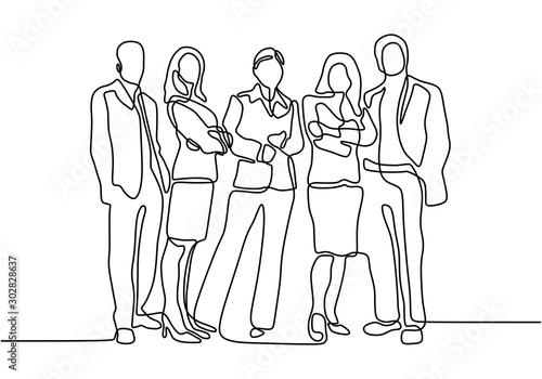 Continuous one line drawing of business people standing with gentle and confident pose. Minimalism design vector illustration simplicity style of businessman and businesswoman..