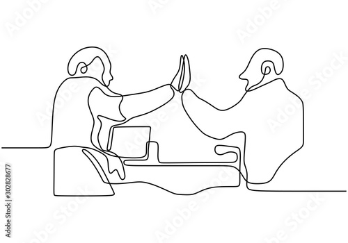 Continuous line drawing of business agreement. Concept of celebration with high five hands of two people. Vector one hand drawn sketch lineart simplicity design.