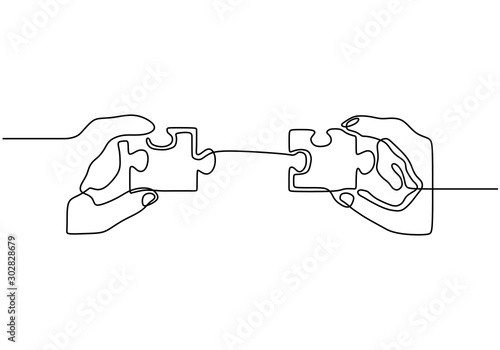 One line drawing of connecting puzzle. Continuous hand drawn single lineart of business metaphor of strategy and solution. Vector illustration creative concept.