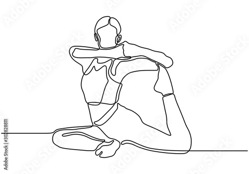 Yoga one line aerobic girl doing exercise. Continuous hand drawn minimalism of woman fitness.
