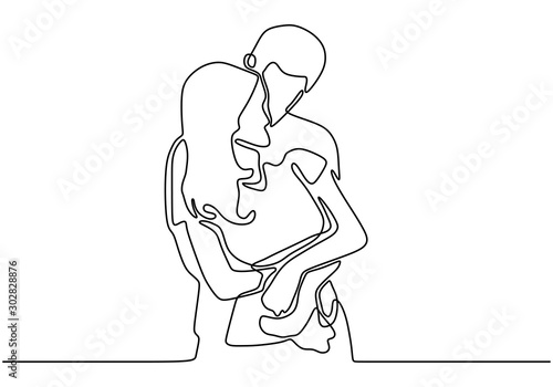 continuous line drawing relationship vector. One hand drawn of young man and woman in love. Guy and girl want to kiss each other. People embrace and share happiness. Simplicity lineart design.