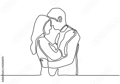 continuous line drawing relationship vector. One hand drawn of young man and woman in love. Guy and girl want to kiss each other. People embrace and share happiness. Simplicity lineart design.