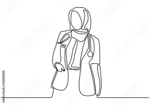 Portrait of hijab woman as a doctor continuous one line drawing minimalism vector.