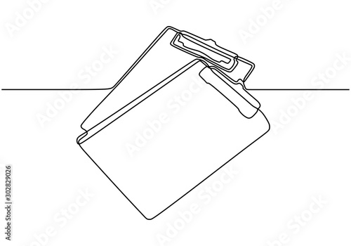 One line drawing of clipboard vector. Illustration minimalism isolated on white background. Business and office tools for paper checklist.
