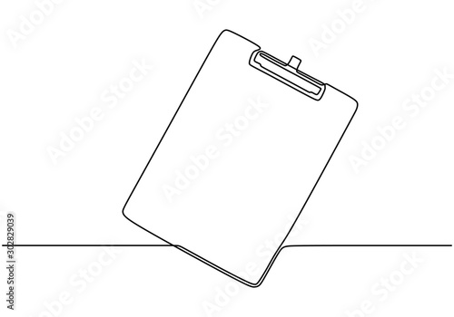One line drawing of clipboard vector. Illustration minimalism isolated on white background. Business and office tools for paper checklist.