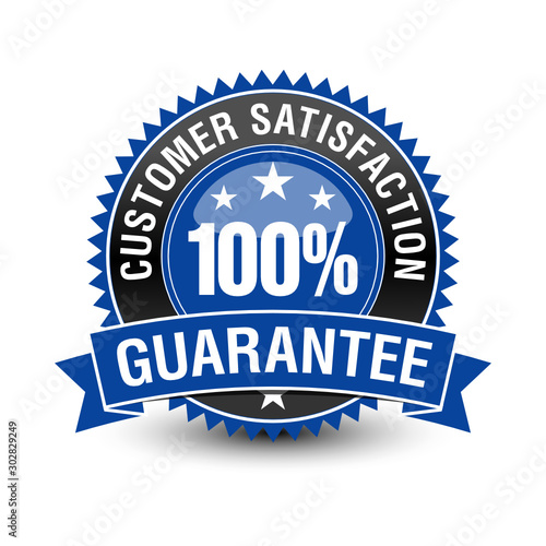 100 customer satisfaction guarantee badge with blue ribbon on top