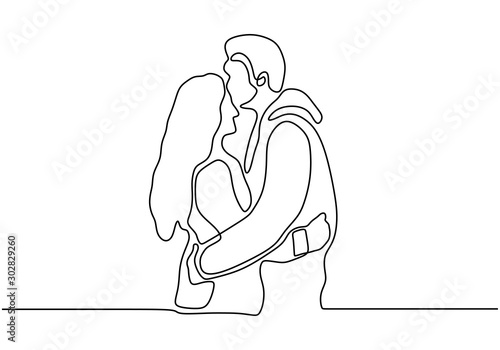 one line drawing of hugging couple vector minimalism. Single hand drawn continuous of man and woman in romantic moment.