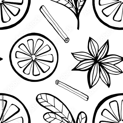 Hand drawn spices for mulled wine on white background. Vector seamless pattern. Blank template