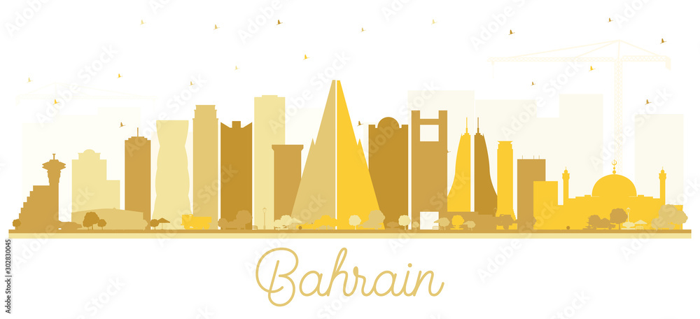 Bahrain City Skyline Silhouette with Golden Buildings Isolated on White.