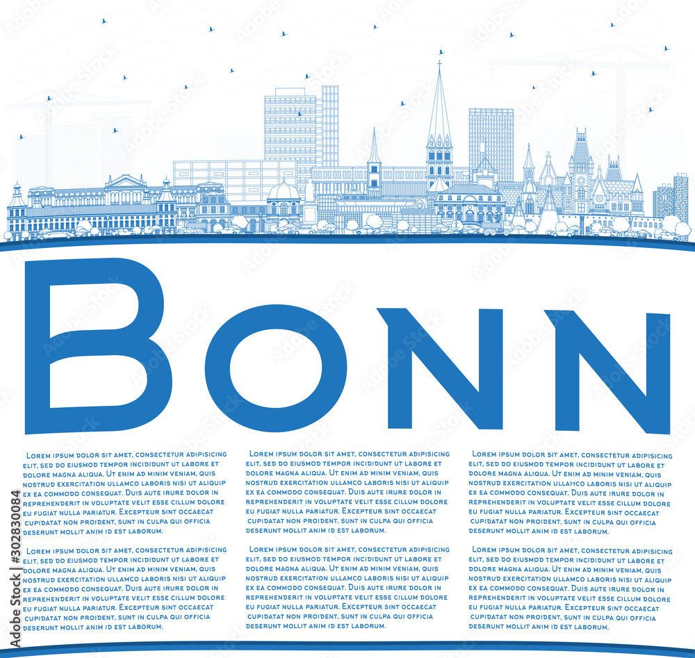 Outline Bonn Germany City Skyline with Blue Buildings and Copy Space.