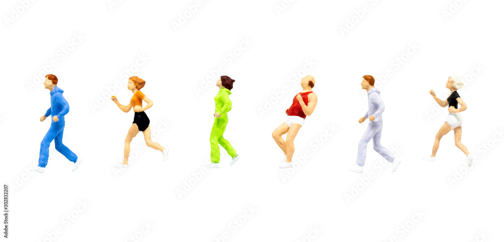 Miniature people figure character as runner in posture isolated on white background.