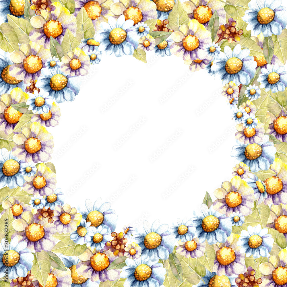 Obraz premium Background and frame with sunny sunflower and daisy flowers and a place for inscription. Hand drawn watercolor illustration for design of business card, wedding, template, invitation, congratulation.
