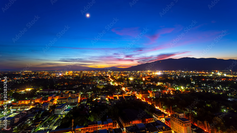 Beautiful Aerial view of architecture and building around Chiang Mai city at sunset time in Thailand