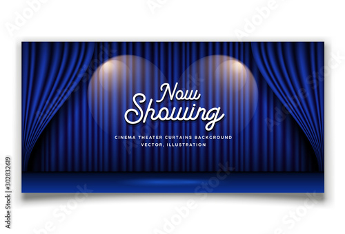 Cinema Theater curtains blue banner background, vector illustration