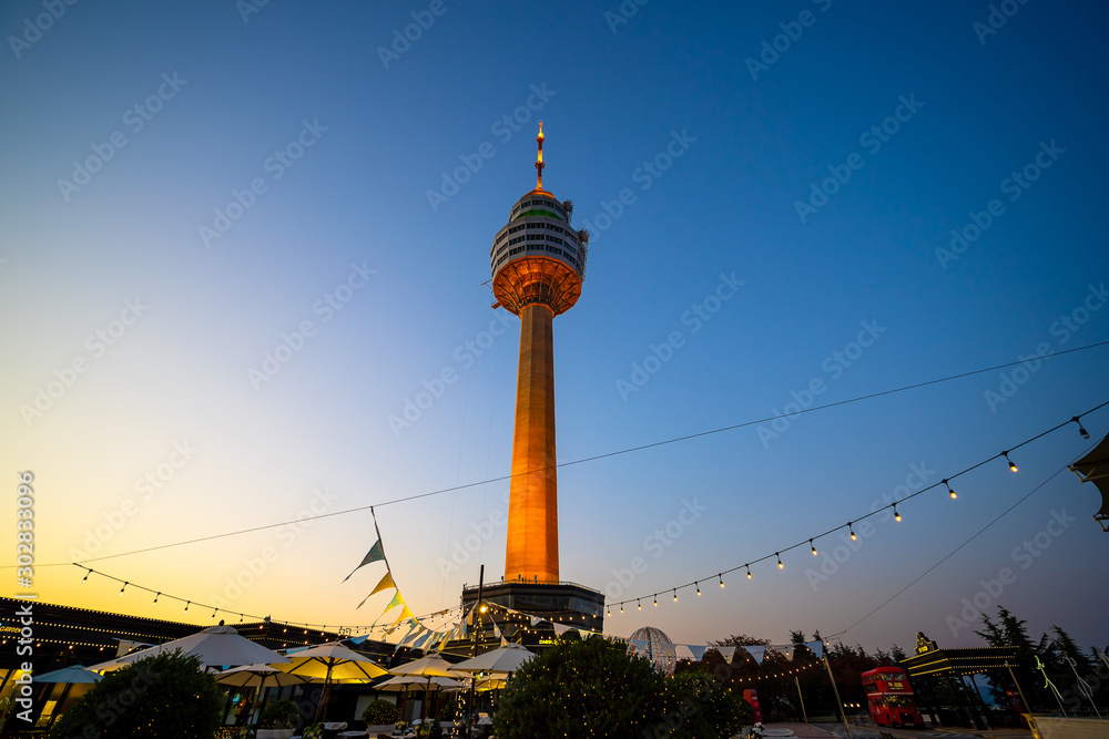 Daegu, South Korea - November 5, 2019: Night view of 83 Tower is a landmark of Daegu city and this tower has a revolving restaurant and sky lounge, offering top cuisine and night views of the city.