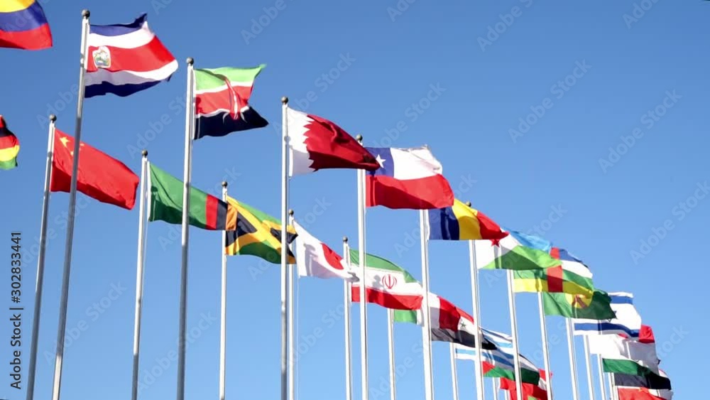 Flags of many states are fluttering on flagpoles.