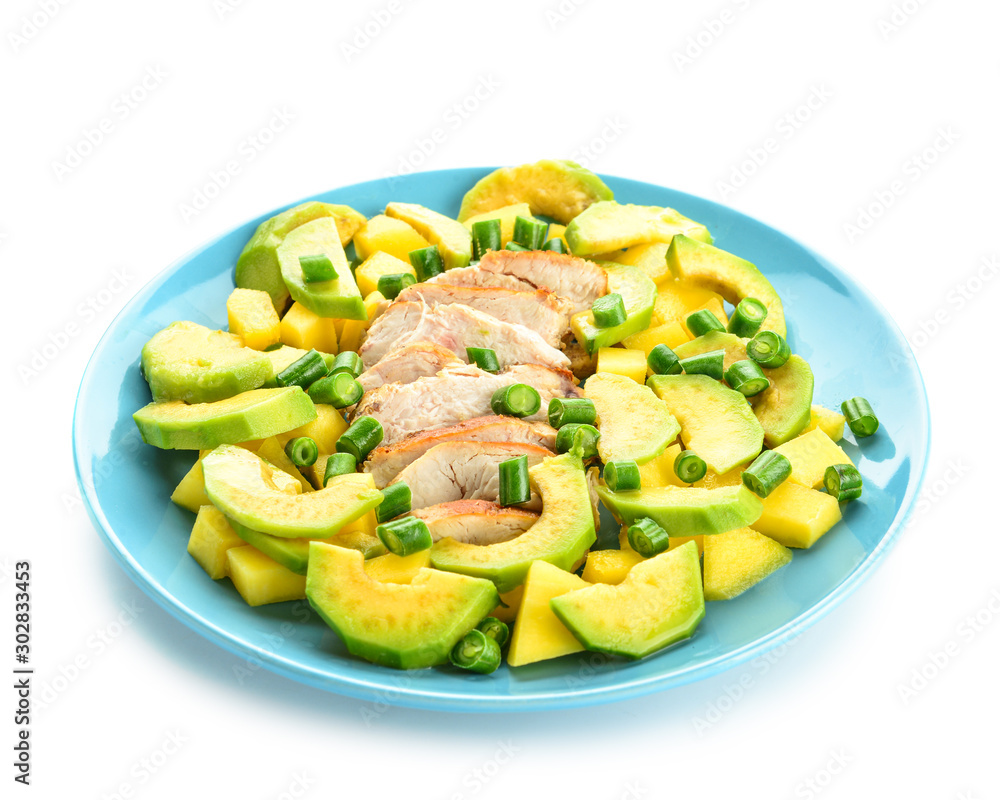 Plate with tasty avocado salad on white background Plate with tasty avocado salad on white background