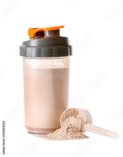 Obraz na plátně Bottle of protein shake on white background