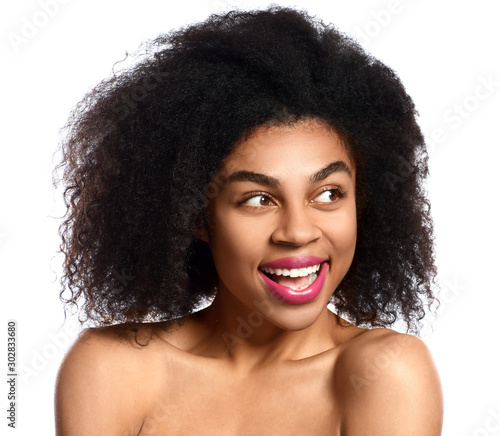 Portrait of beautiful African-American woman with bright lips on white background
