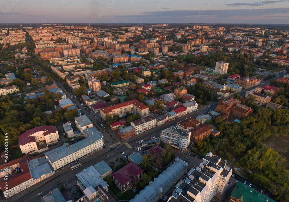 Aerial view of Tomsk city, Plekhanov Lane, Lenin Avenue. Russia. Summer, evening, sunset