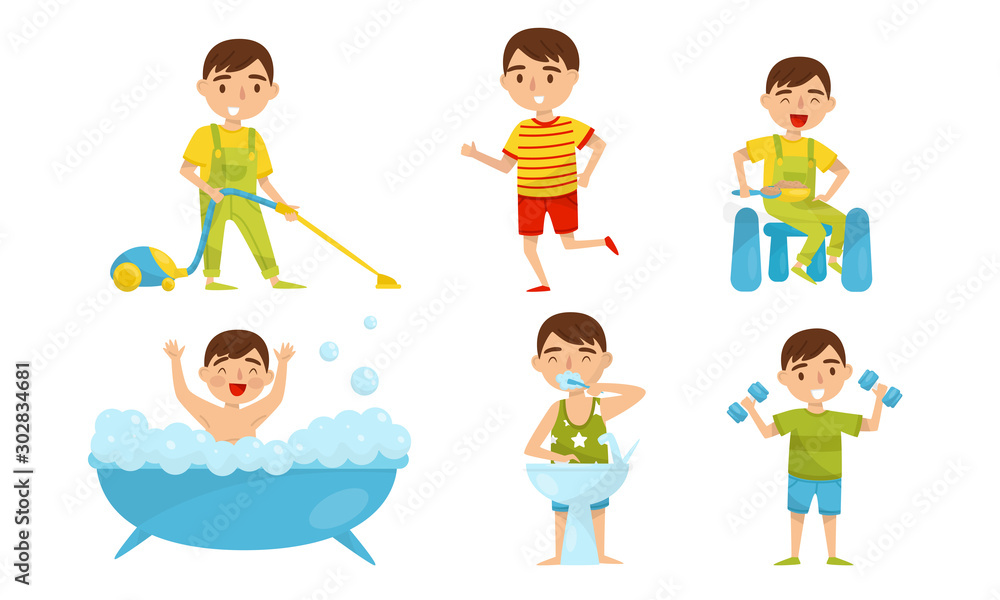 Boy does exercises and restores order in the house. Vector illustration. Boy does exercises and restores order in the house. Vector illustration.
