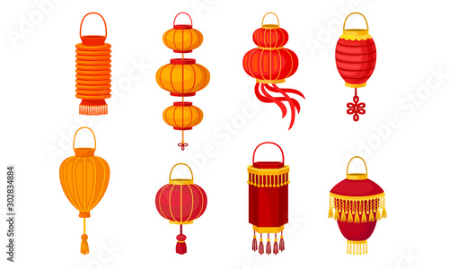 Different traditional chinese lanterns. Vector illustration on a white background.