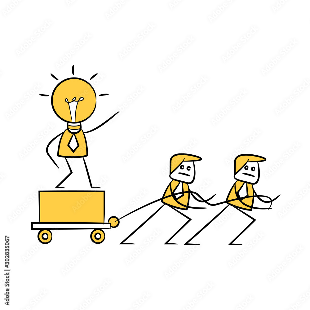 idea businessman boss and employee pulling trolley for bureaucracy concept, doodle stick figure 