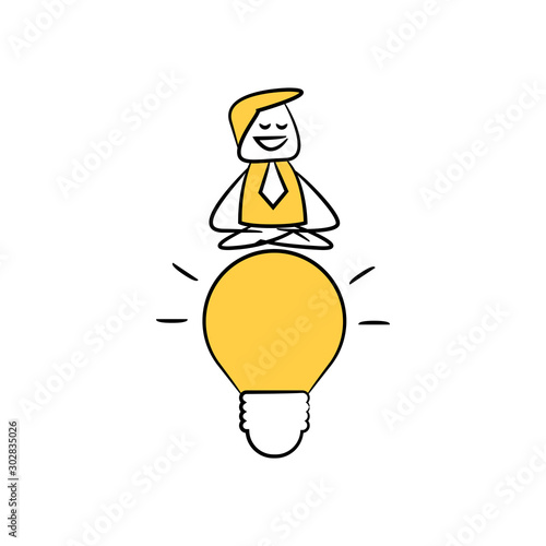 doodle businessman meditating on light bulb, stick figure 