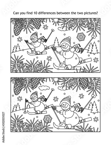 Winter sports, winter holidays, New Year or Christmas find the ten differences picture puzzle and coloring page with skiing snowmen