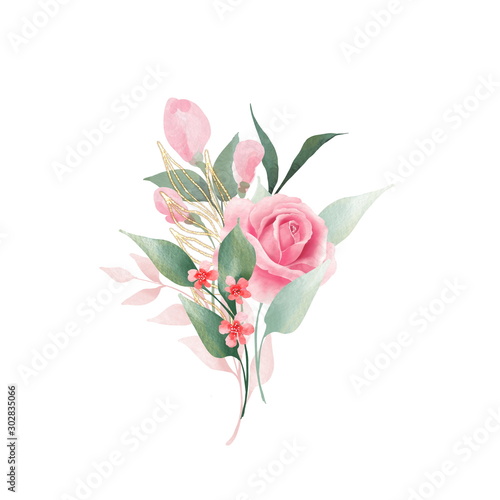 Watercolor flowers and leaves. Botanic composition for wedding or greeting card.