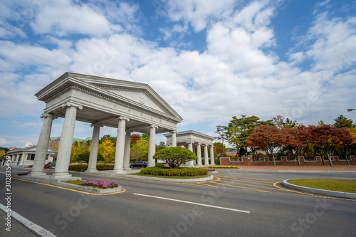 DAEGU, SOUTH KOREA - NOVEMBER 4, 2019: Gate of the Seongseo Campus of Keimyung University was founded by an American missionary as a Christian university. ..