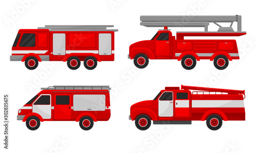 Set of red fire engines. Vector illustration on a white background.