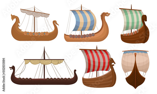 Set of vintage viking ships. Vector illustration on a white background.