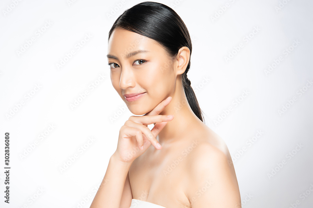 Beautiful young Asian woman touching soft cheek and smile with clean and fresh skin. Happiness and cheerful with, isolated on white background, Beauty and Cosmetics Concept, Beautiful young Asian woman touching soft cheek and smile with clean and fresh skin. Happiness and cheerful with, isolated on white background, Beauty and Cosmetics Concept,