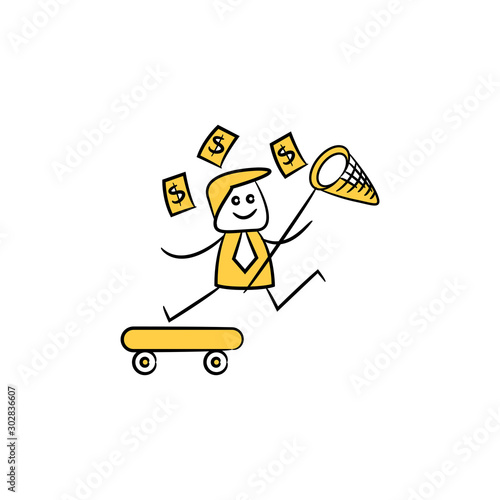 businessman rising skateboard and catching money bank yellow doodle stick figure