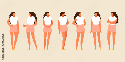 Standing girl in various positions set. Vector flat illustration