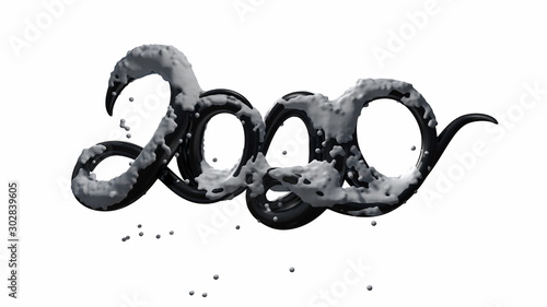 Happy New Year Banner with 2020 Numbers made by black glossy plastic with snow isolated on white Background. abstract 3d illustration creative lettering